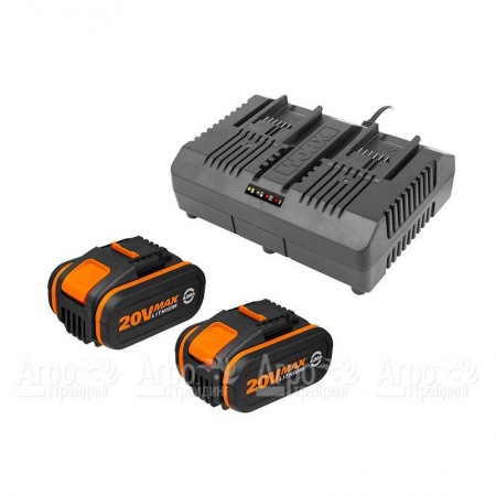 Комплект WA3611 20V: 2 аккумулятора 4Ач и двойное зарядное устройство 2А для аккумуляторной техники Worx  в Костроме